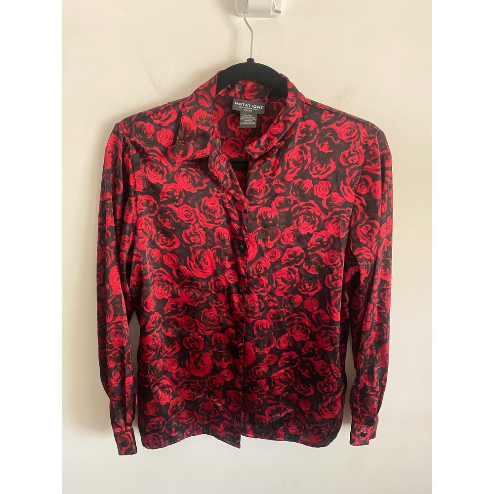 Notations Petite Red Rose Floral Satin Button Down Blouse PM Long Sleeve Vintage
